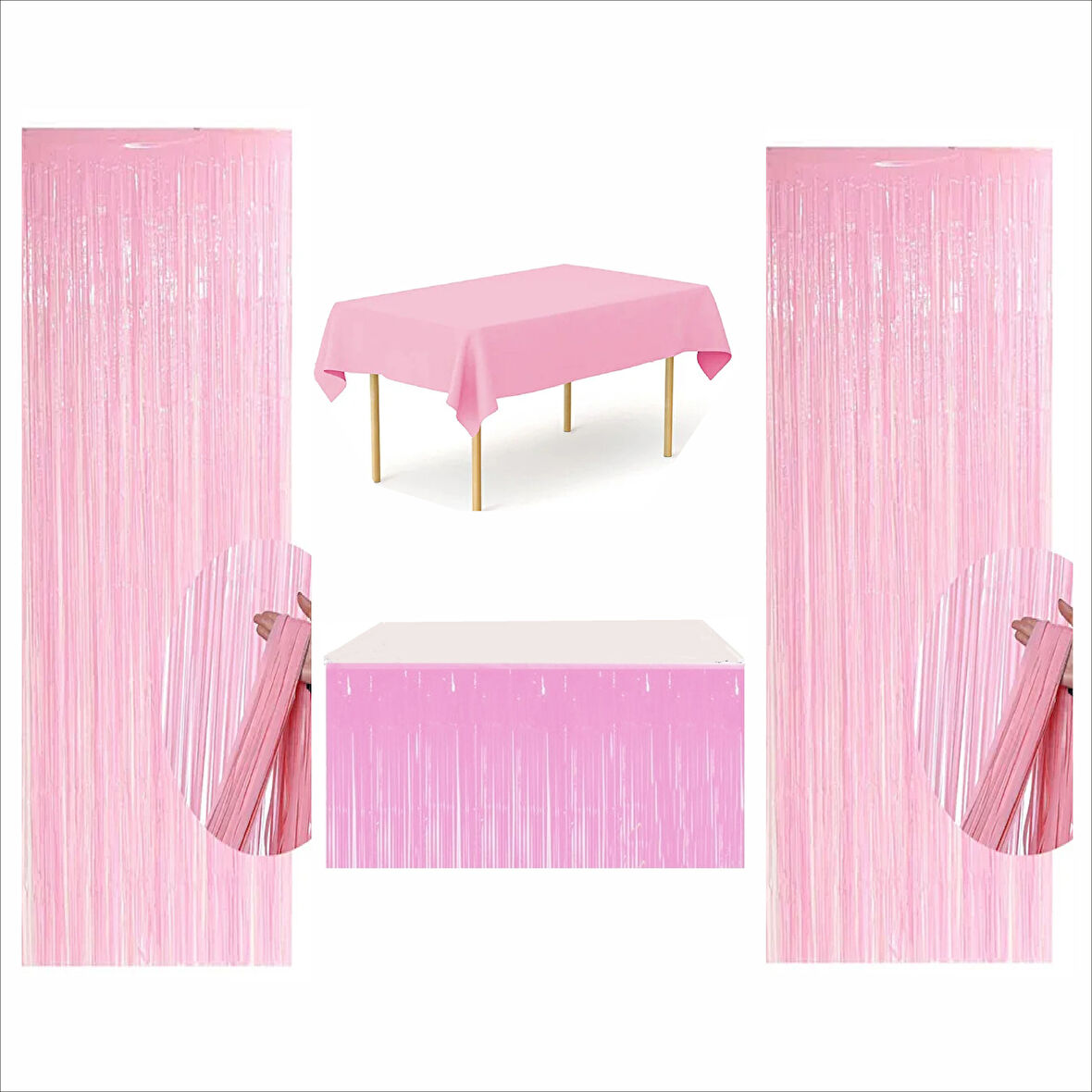 PEMBE MASA ÖRTÜSÜ, PEMBE MASA ETEĞİ, 2 ADET PEMBE ARKA FON PERDE