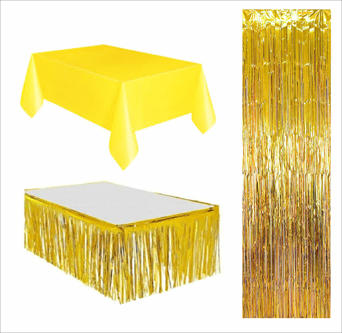 3 PARÇA SARI MASA ÖRTÜSÜ, GOLD MASA ETEĞİ, GOLD ARKA FON