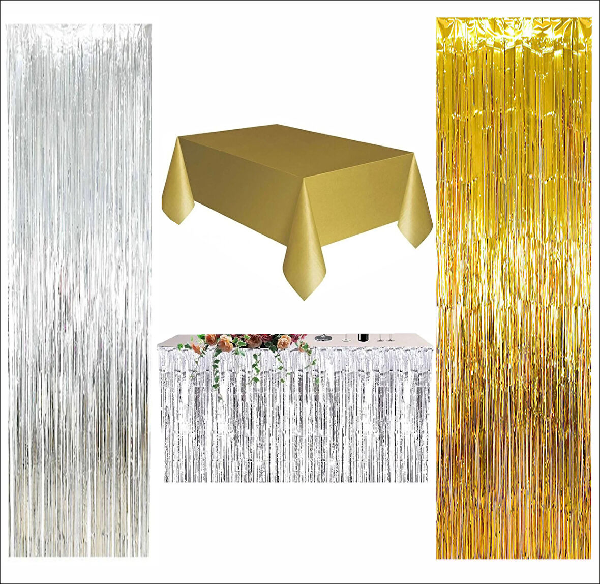 4 PARÇA GOLD MASA ÖRTÜSÜ, GÜMÜŞ MASA ETEĞİ, 1 ADET GÜMÜŞ,1 ADET GOLD ARKA FON