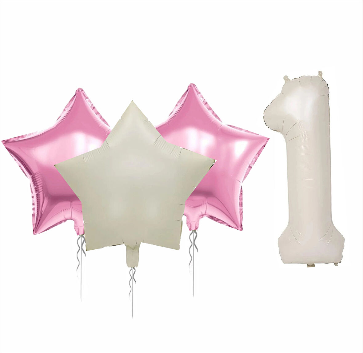 1 YAŞ BEJ RENK FOLYO BALON, 2 ADET PEMBE, 1 ADET BEJ YILDIZ FOLYO BALON