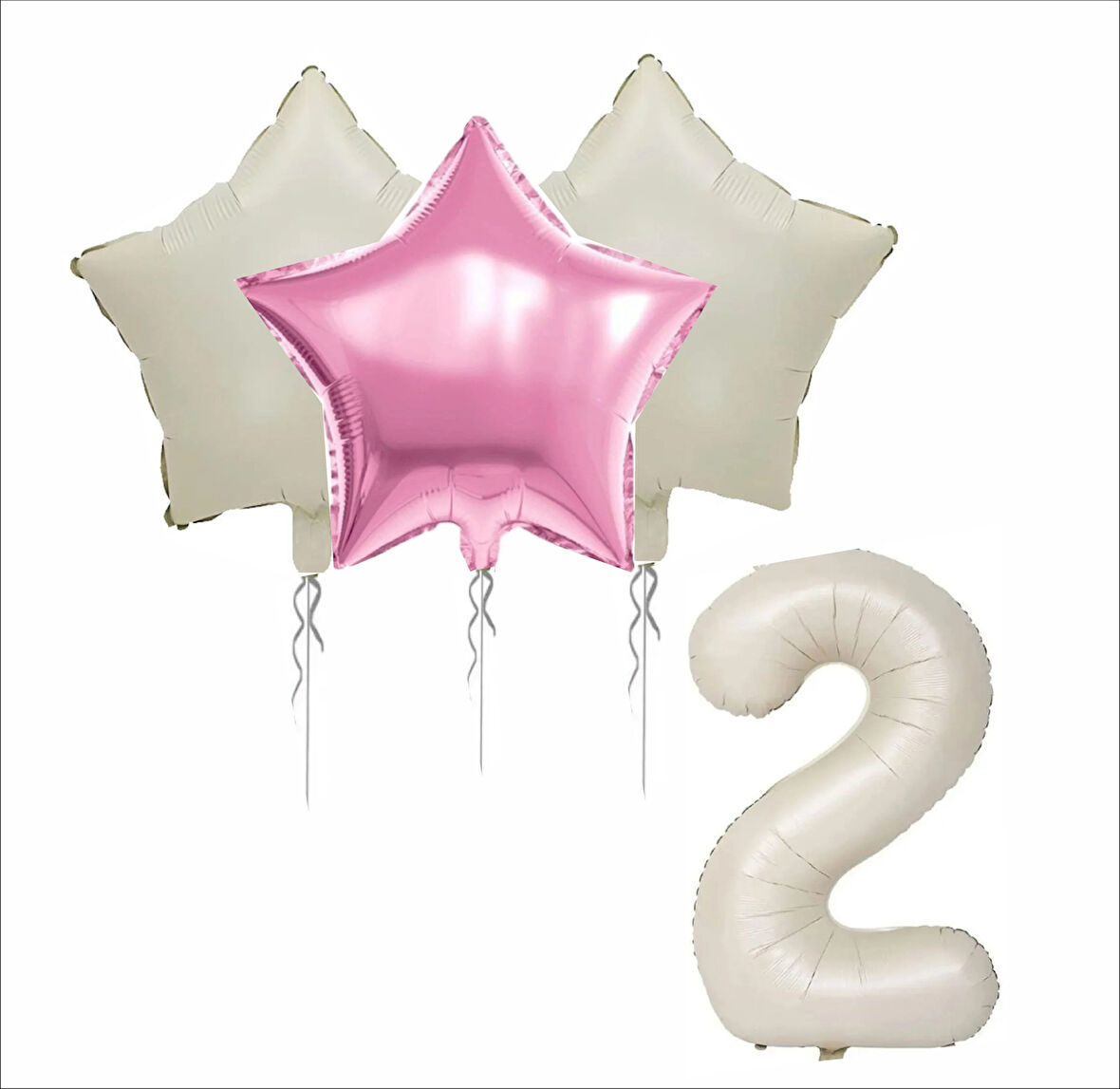 2 YAŞ BEJ RENK FOLYO BALON, 1 ADET PEMBE, 2 ADET BEJ YILDIZ FOLYO BALON