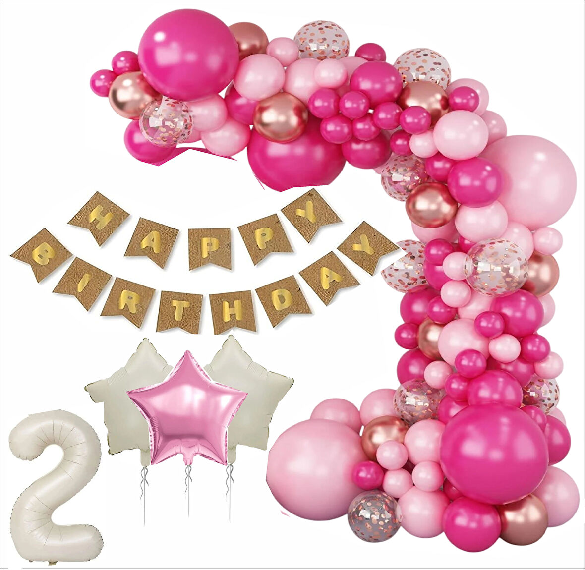 2 YAŞ KRAFT GOLD BANNER, 30 ADET PEMBE, GOLD, METALİK PEMBE,ŞEFFAF BALON 1 PEMBE 2 BEJ YILDIZLI DOĞUM GÜNÜ SETİ