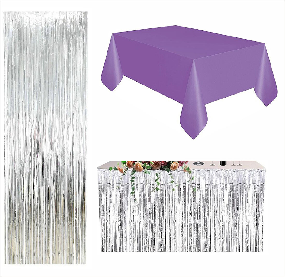 Mor Masa Örtüsü, Gümüş Masa Eteği, Gümüş Arka Fon 