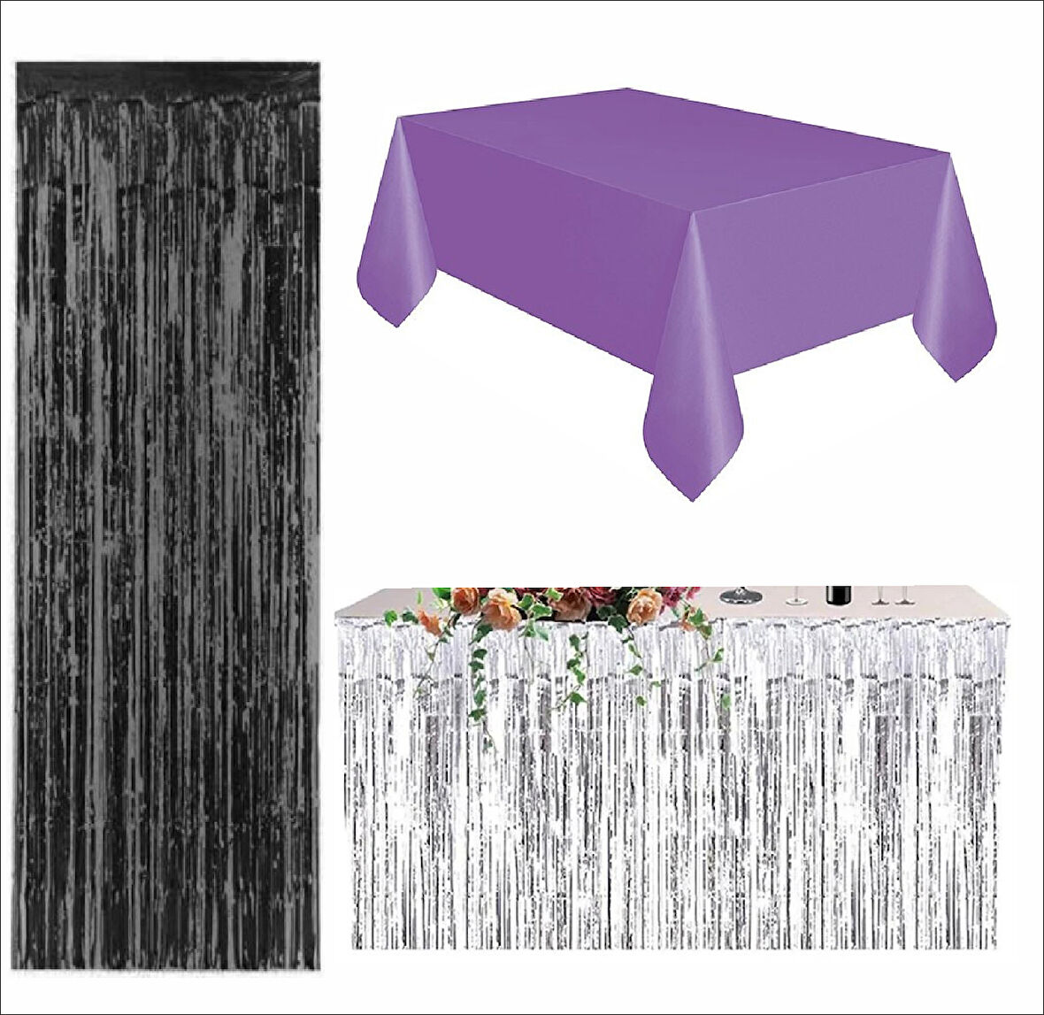 Mor Masa Örtüsü, Gümüş Masa Eteği, Siyah Arka Fon 