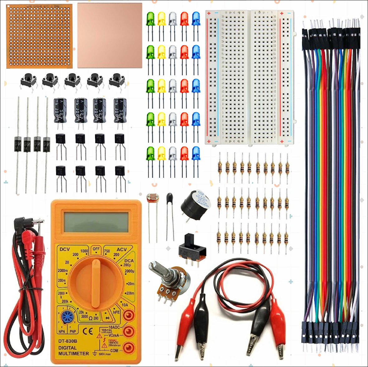 Breadboard Temel Elektronik Devre Eğitim Seti + Dt830d Multimetre