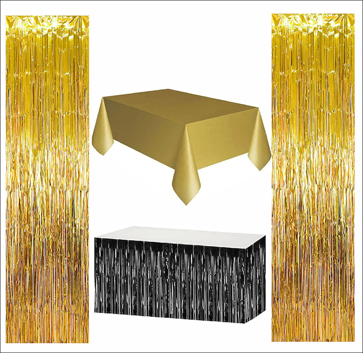 Gold Masa Örtüsü, Siyah Masa Eteği, 2 Adet Gold Arka Fon