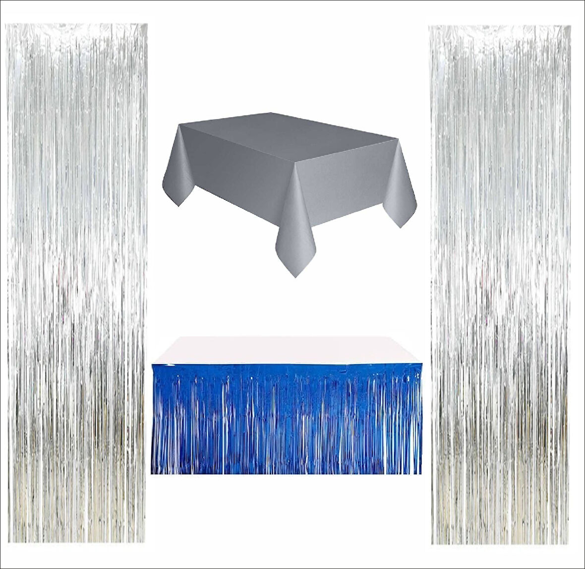 Gümüş Masa Örtüsü, Lacivert Masa Eteği, 2 Adet Gümüş Arka Fon