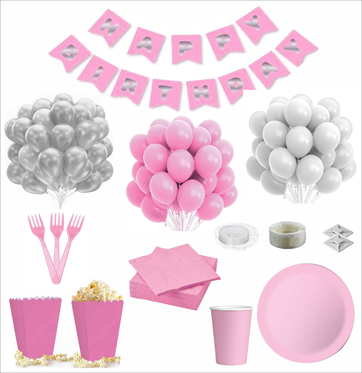 Pembe Beyaz 8 Kişilik Doğum Günü Seti