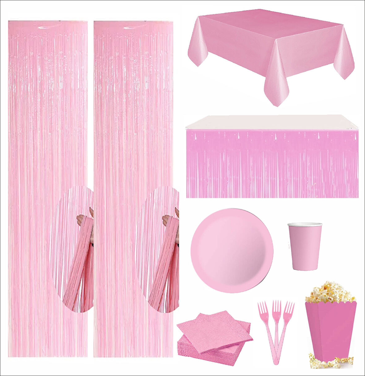 Pembe Masa Örtüsü, Pembe Masa Eteği, 2 Pembe Fon, 8 Pembe Tabak, 8 Pembe Bardak, 8 Pembe Mısır Kutusu, 10 Pembe Çatal, 10 Pembe Peçete