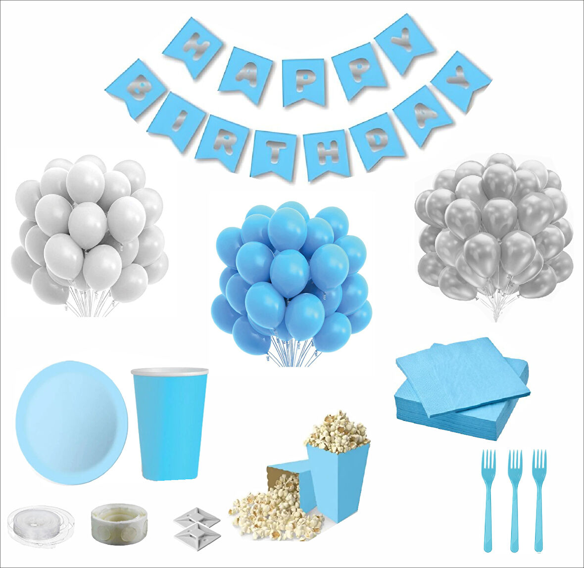 Mavi Beyaz 8 Kişilik Doğum Günü Seti