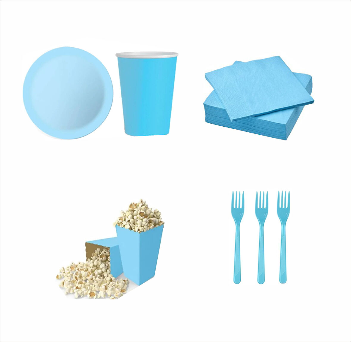 8 Mavi Tabak, 8 Mavi Bardak, 8 Mavi Mısır Kutusu, 10 Çatal, 10 Peçete