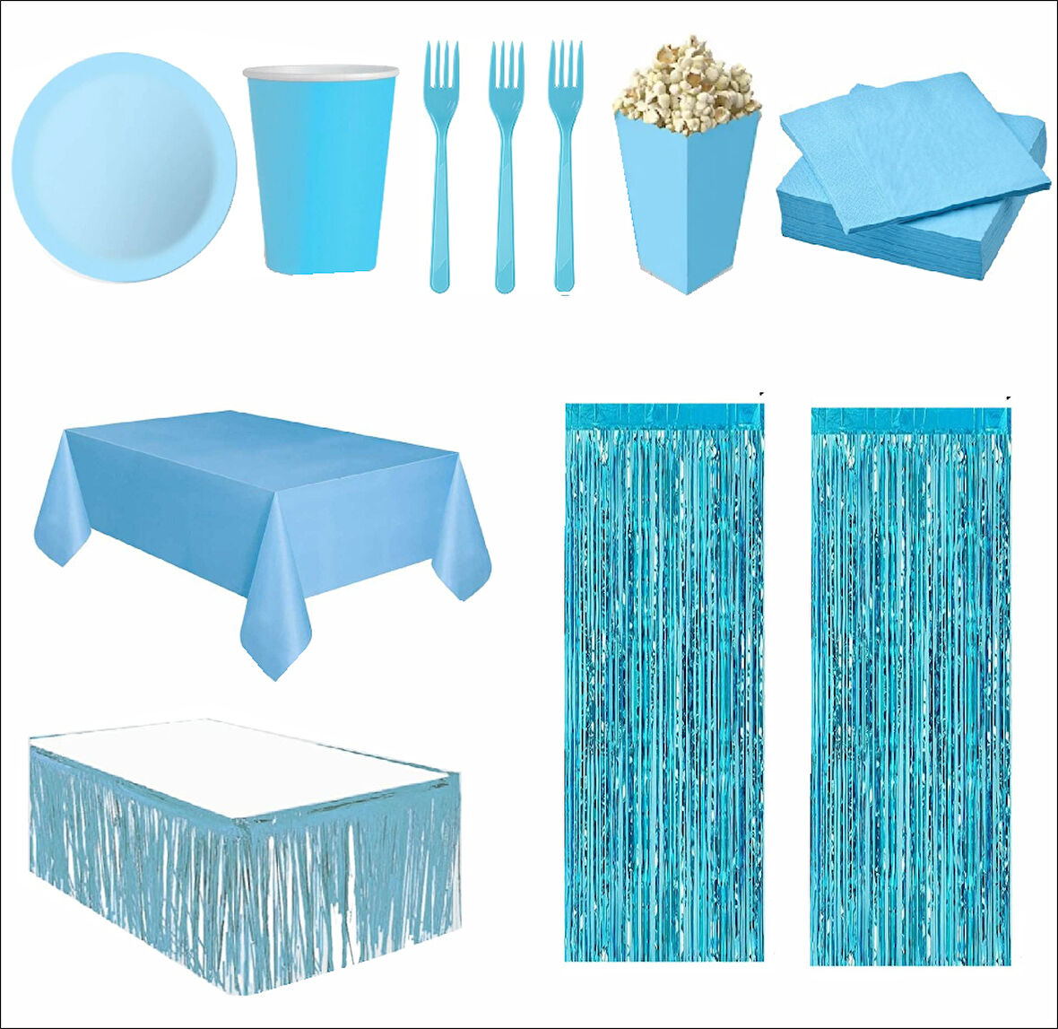 Mavi Masa Örtüsü, Mavi Masa Eteği, 2 Mavi Arka Fon, 8 Mavi Tabak, 8 Mavi Bardak, 8 Mavi Mısır Kutusu, 10 Çatal, 10 Peçete 