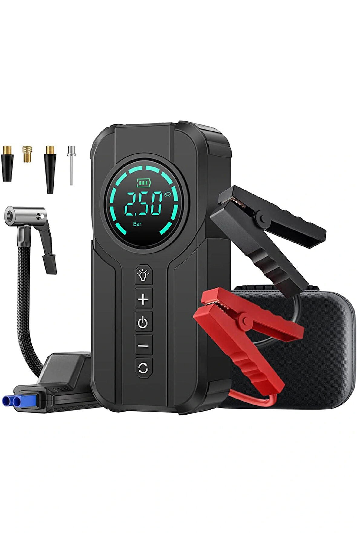 4'ü 1 Arada Şarjlı Akü Ateşleyici Lastik Şişirici Powerbank Led Işık 150psi Yüksek Basınçlı