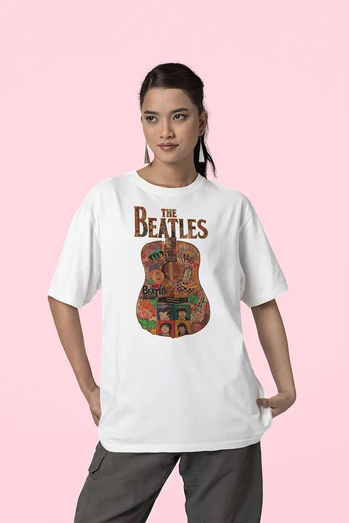 The Beatles Müzik Grubu Gitar Temalı Baskılı Unisex Oversize Tişört
