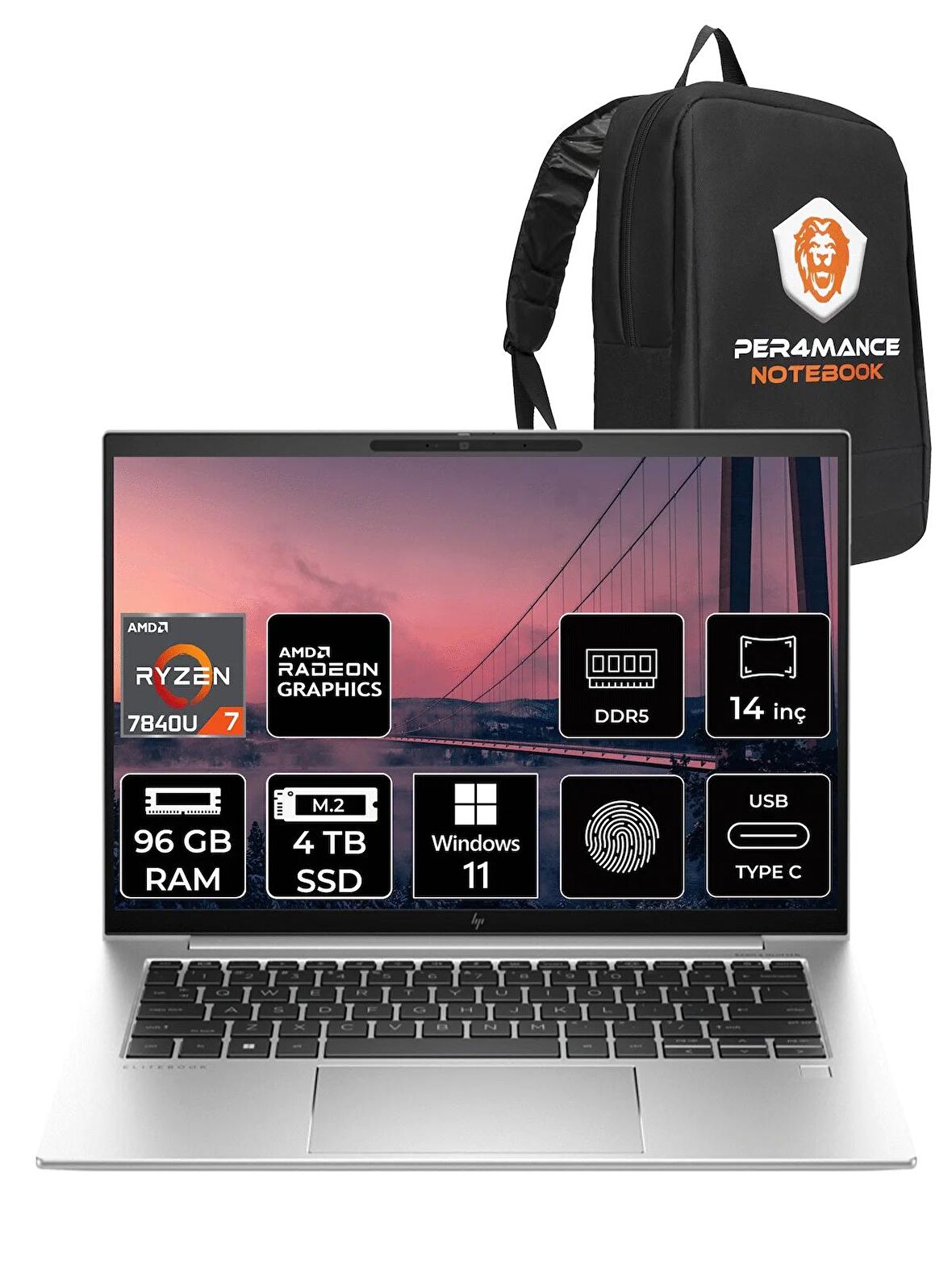 HP EliteBook 845 G10 Ryzen 7 7840U 96GB RAM 4TB SSD 14'' WUXGA W11PRO 8A3T0EA & PER4 ÇANTA