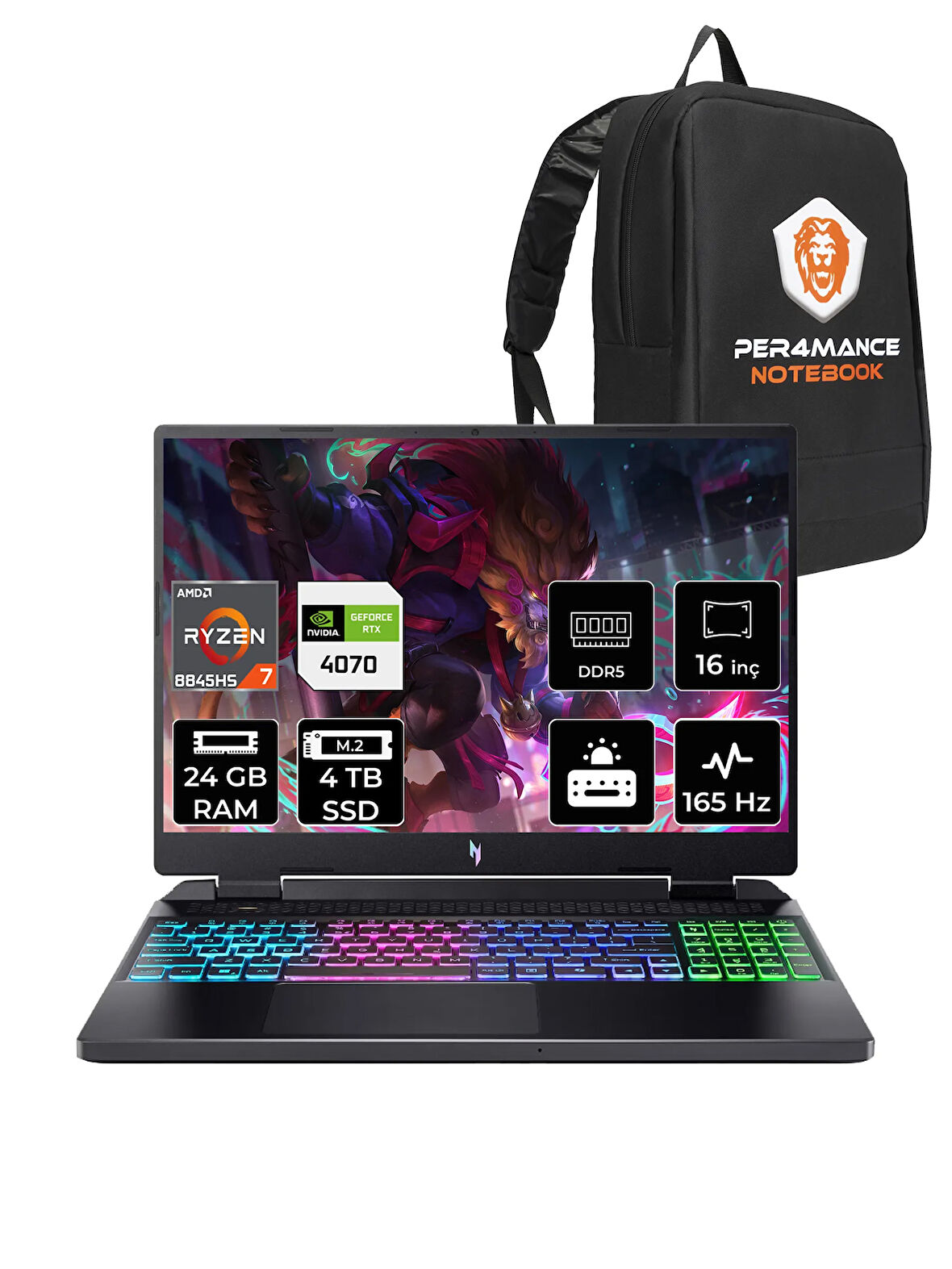 ACER Nitro 16 R7-8845HS 24GB 4TB SSD RTX4070/8GB 140W 16'' 165Hz WQXGA FDOS & PER4 ÇANTA