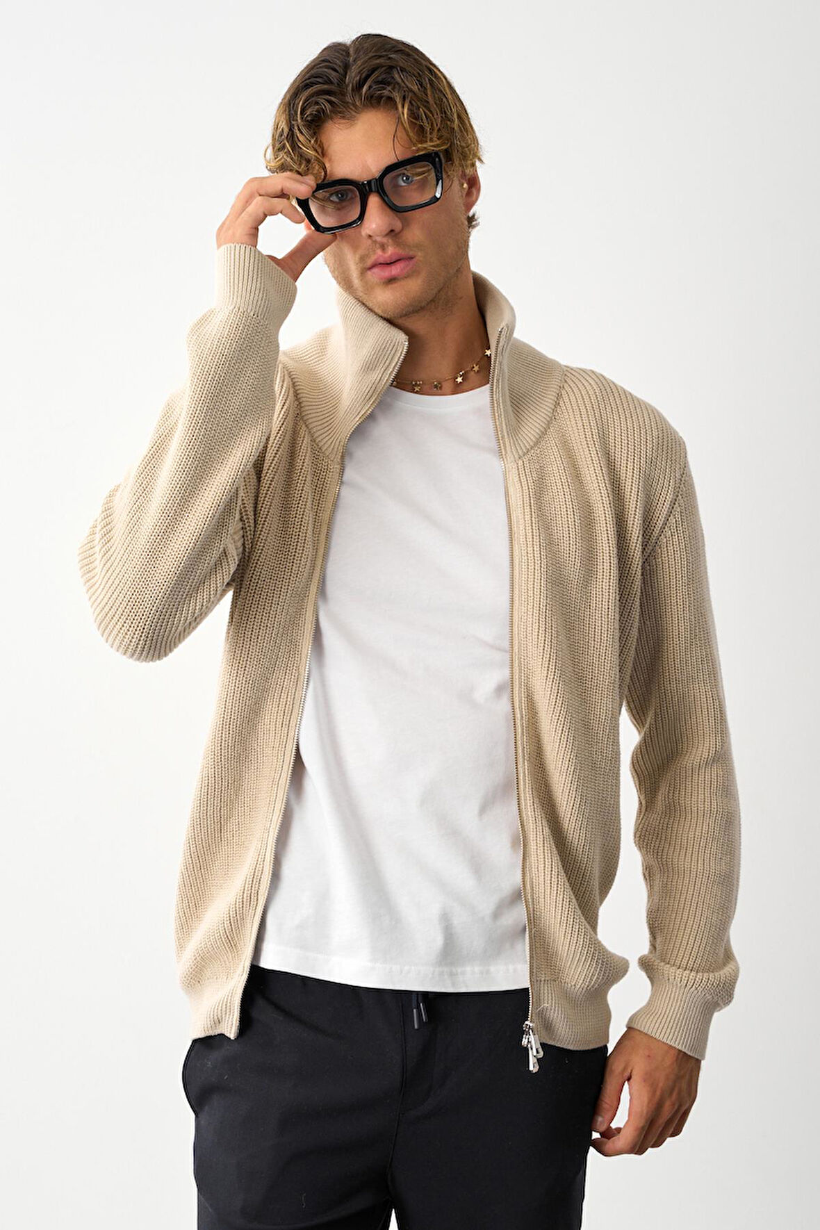 Erkek Regular Fit Selanik Örgü Pamuklu Fermuarlı Taş Triko Hırka