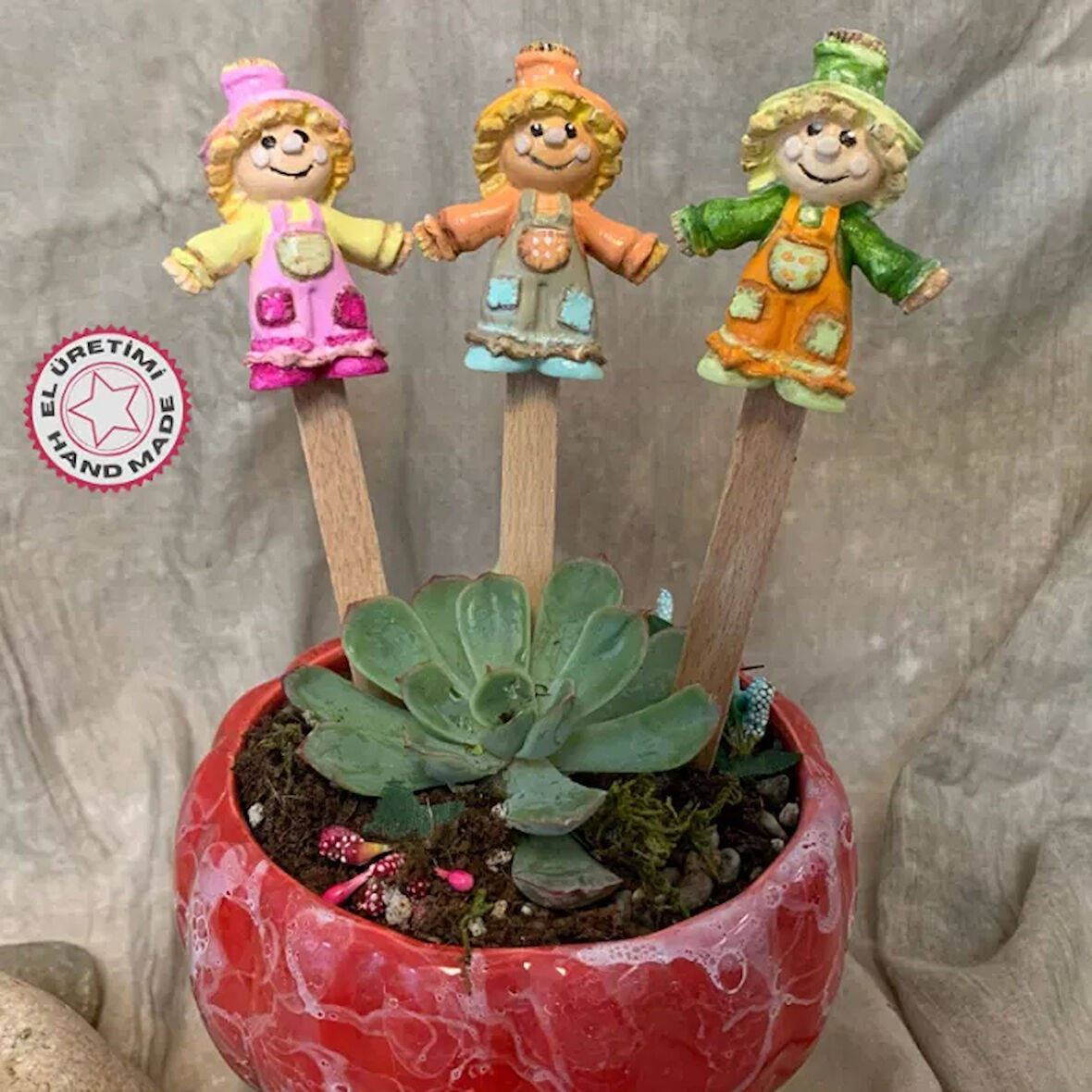 Uretti - Pınar 2572 - El Yapımı 3'lü Sevimli Korkuluk Saksı Süsü -  20 cm