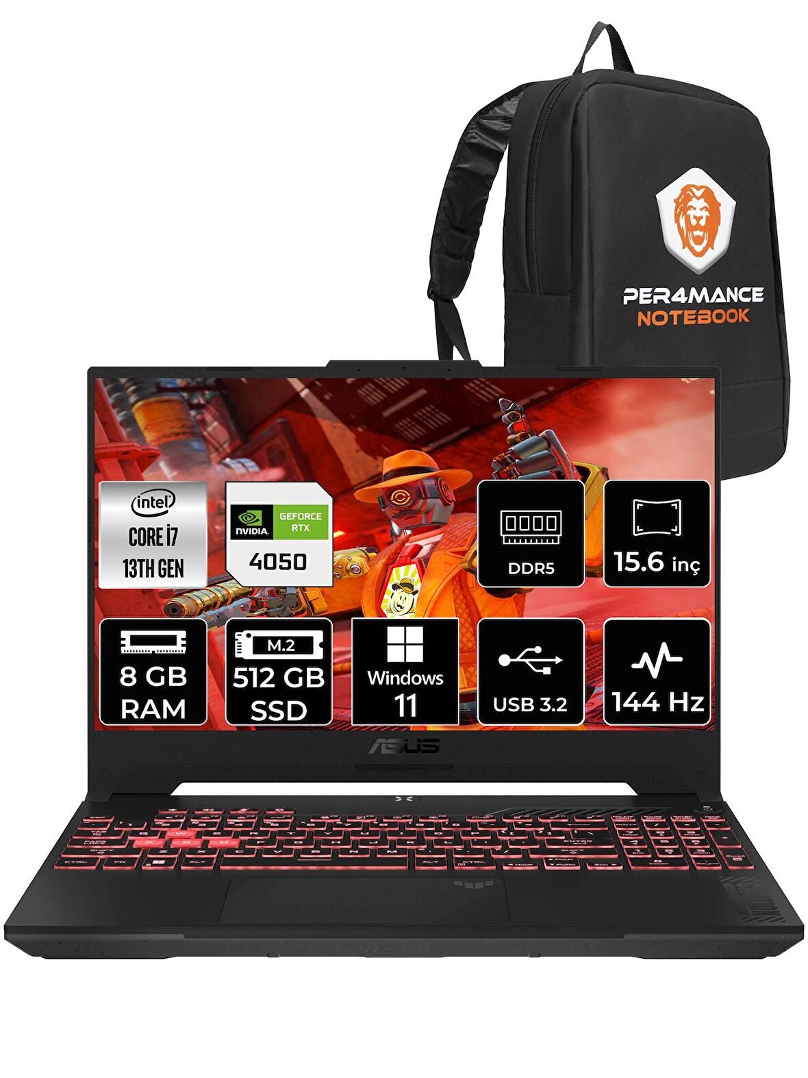 Asus Tuf Gaming F15 i7 13620H 8GB RAM 512GB SSD RTX4050/6GB 144Hz 15.6" FHD W11H LP259 & PER4 ÇANTA