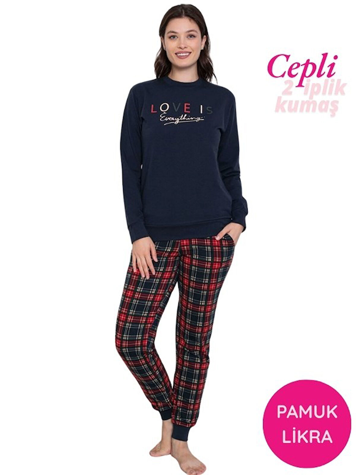 Kadın Bisiklet Yaka Bilek Manşet/Lastikli 2 İplik Pamuk Cepli Kışlık Jogger Eşofman Pijama Takımı