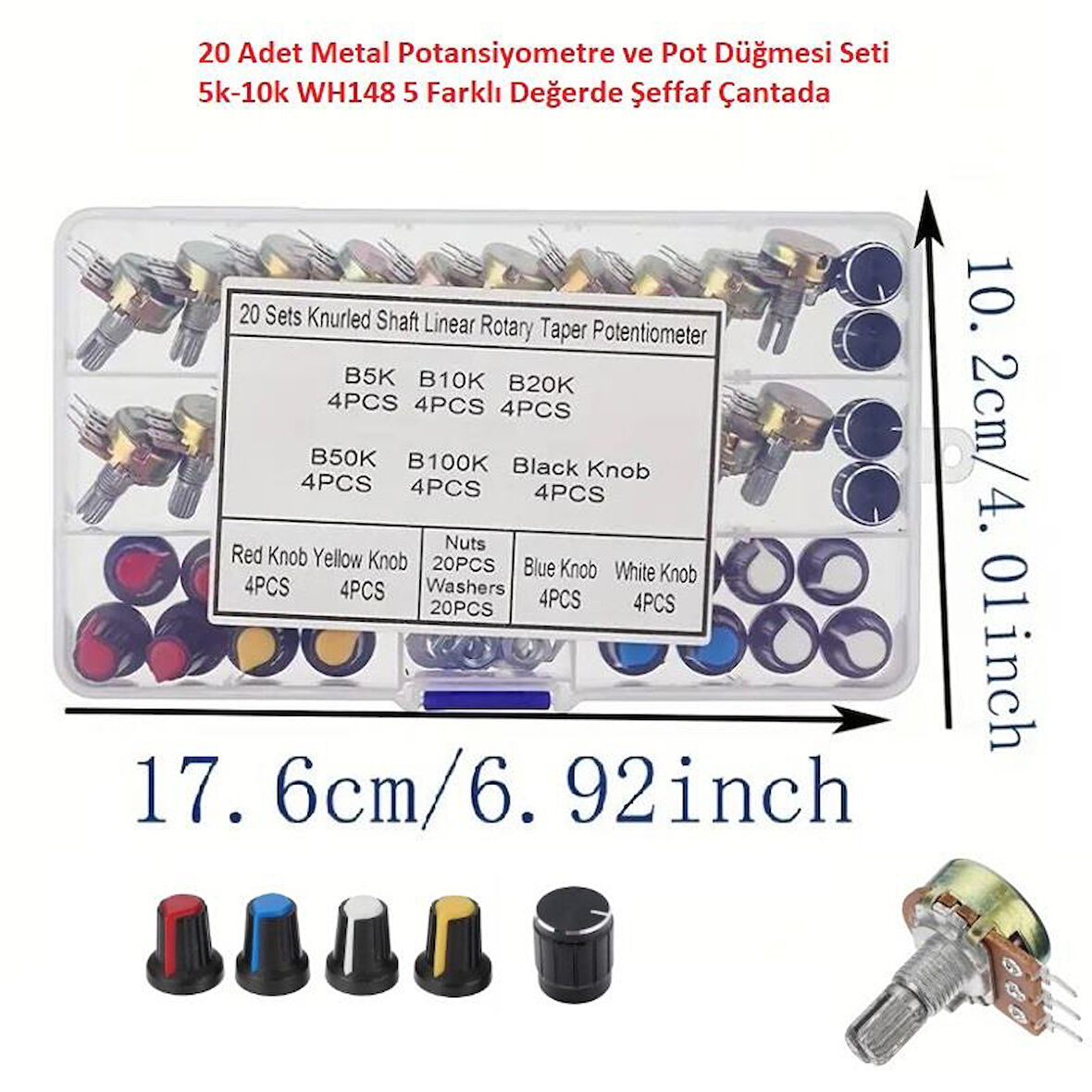 20 Adet Metal Potansiyometre ve Pot Düğmesi Seti 5k-10k WH148 5 Farklı Değer Şeffaf Çantada