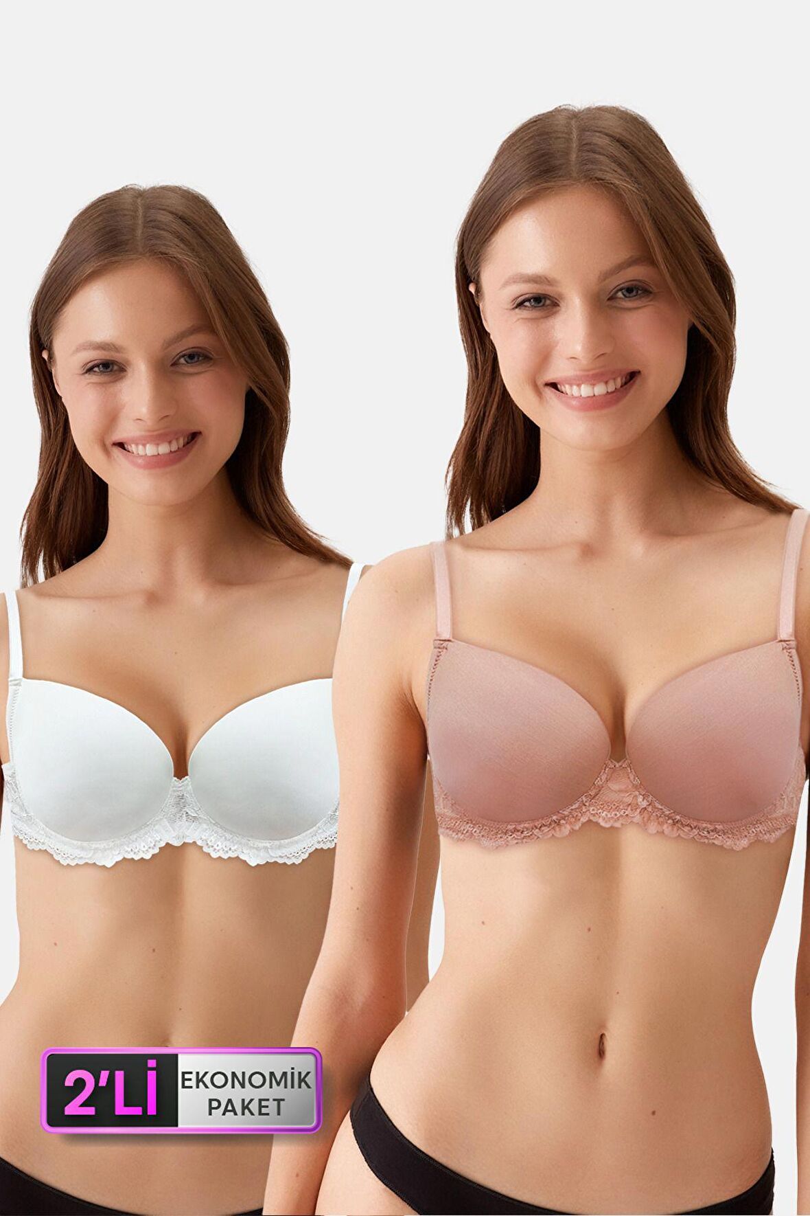 2'li Ekonomik Paket Ekru - Pink Nude 6807 Kansas Dantelli Micro Saten Sütyen Set (D Cup Seçenegiyle)