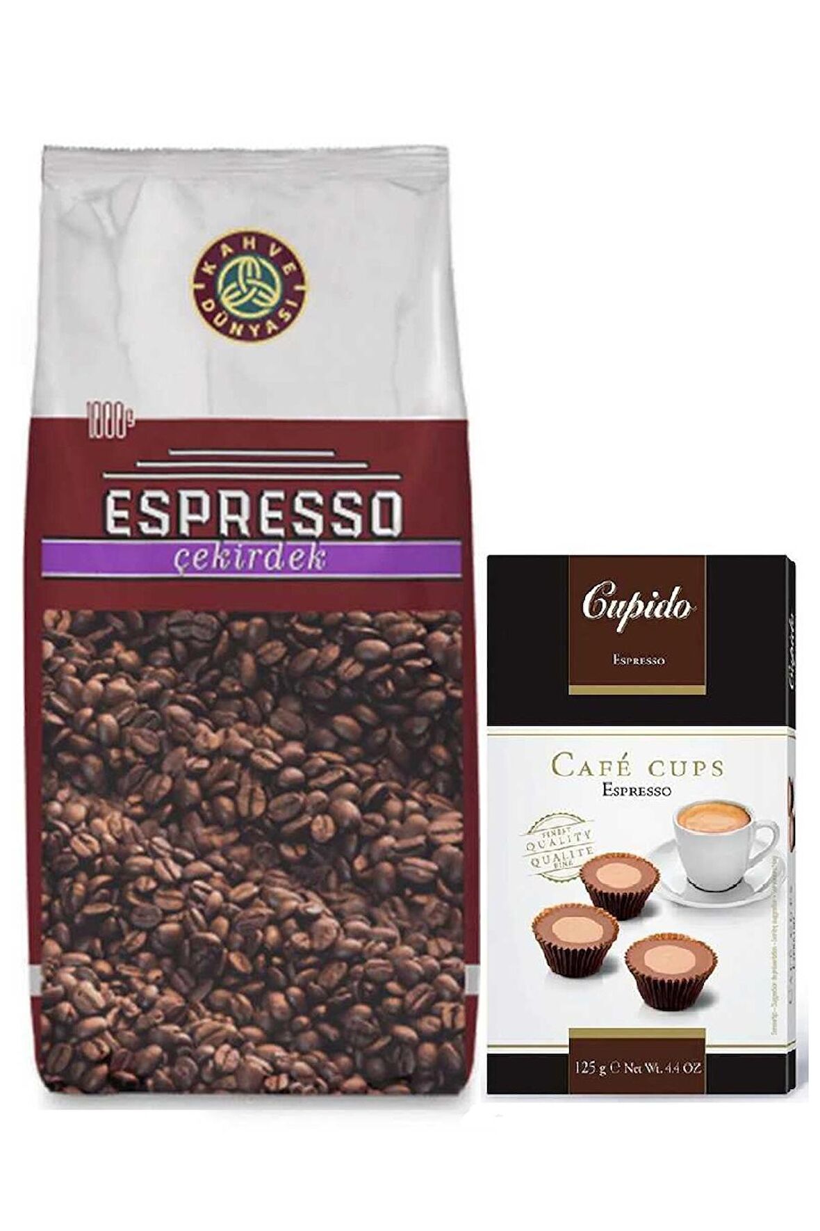 Kahve Dünyası Espresso Çekirdek 1 kg ve IKEA Cupido Cafe Cups Espresso 125g Kahveli Şekerleme