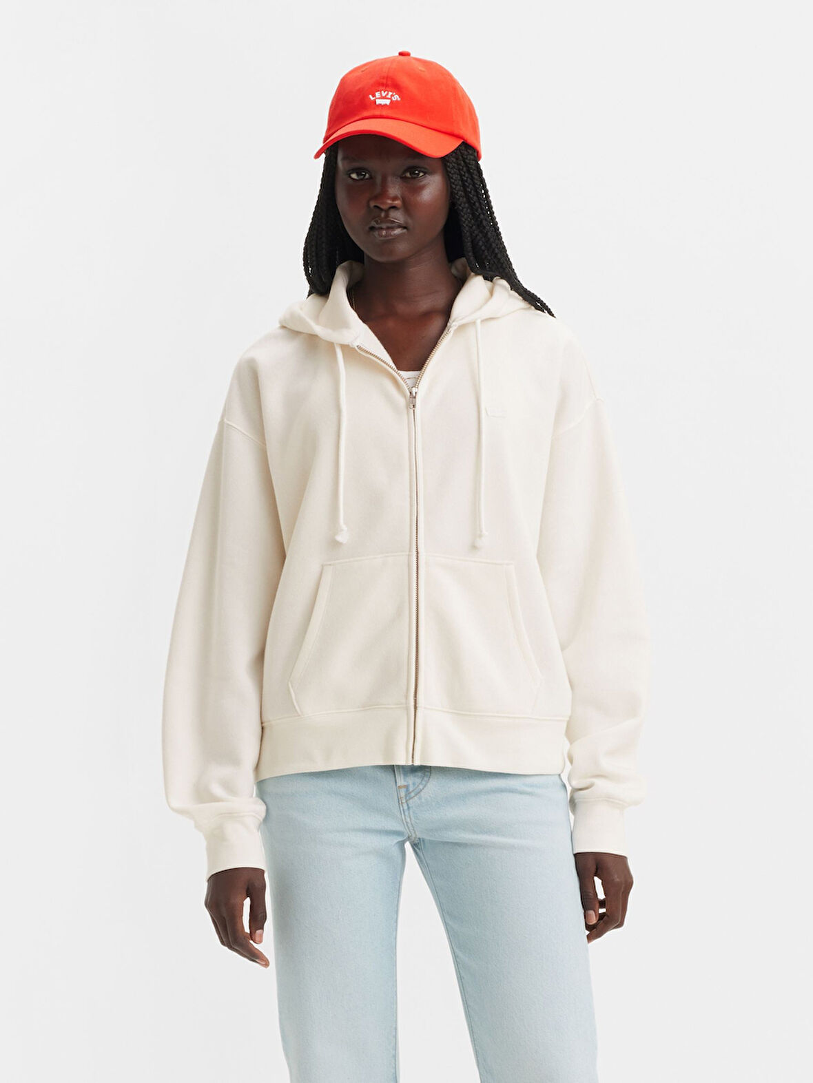 KADIN KAPÜŞONLU BEYAZ FERMUARLI SWEATSHİRT 001U1-0003