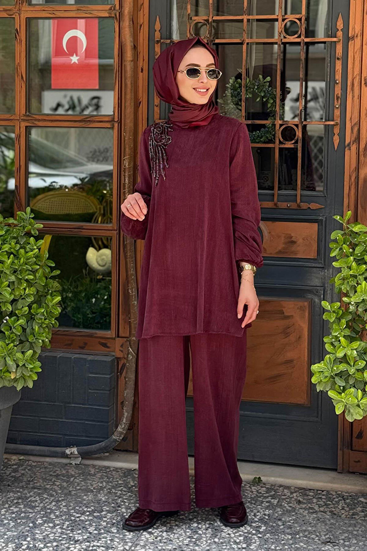 Nurcan Çetin Pantolonlu Takım 25465 Bordo