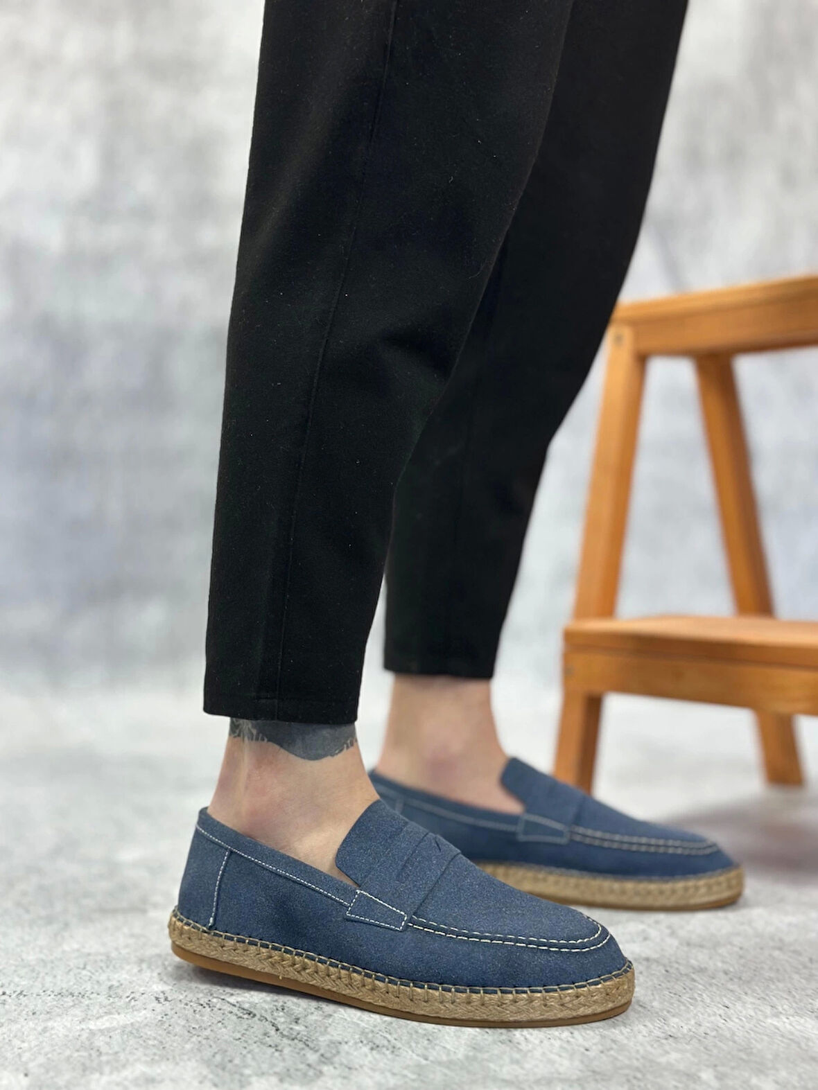 BA0358 BOA Doğal Deri Tozu Bağcıklı Kauçuk El Yapımı Espadril Taban Mavi Renk Erkek Ayakkabı
