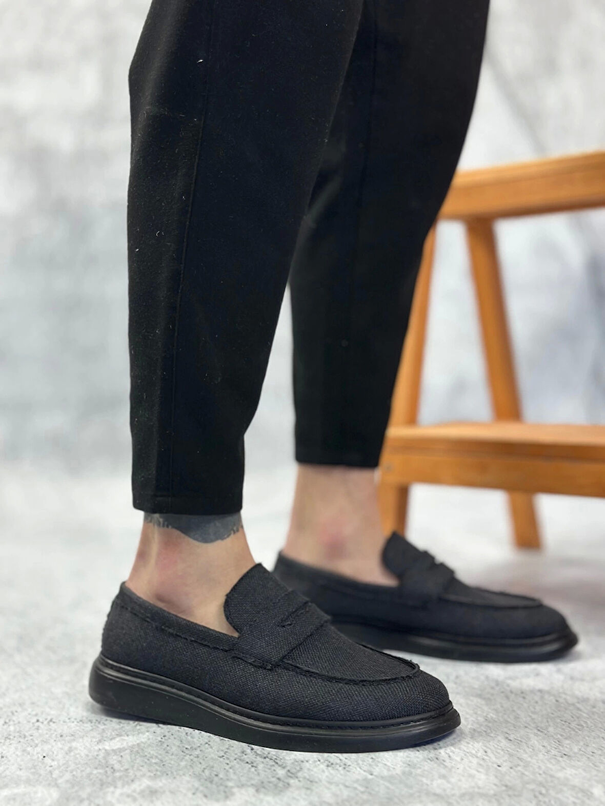 BA0355 Bağcıksız Keten Siyah Taban Klasik Corcik Erkek Ayakkabı