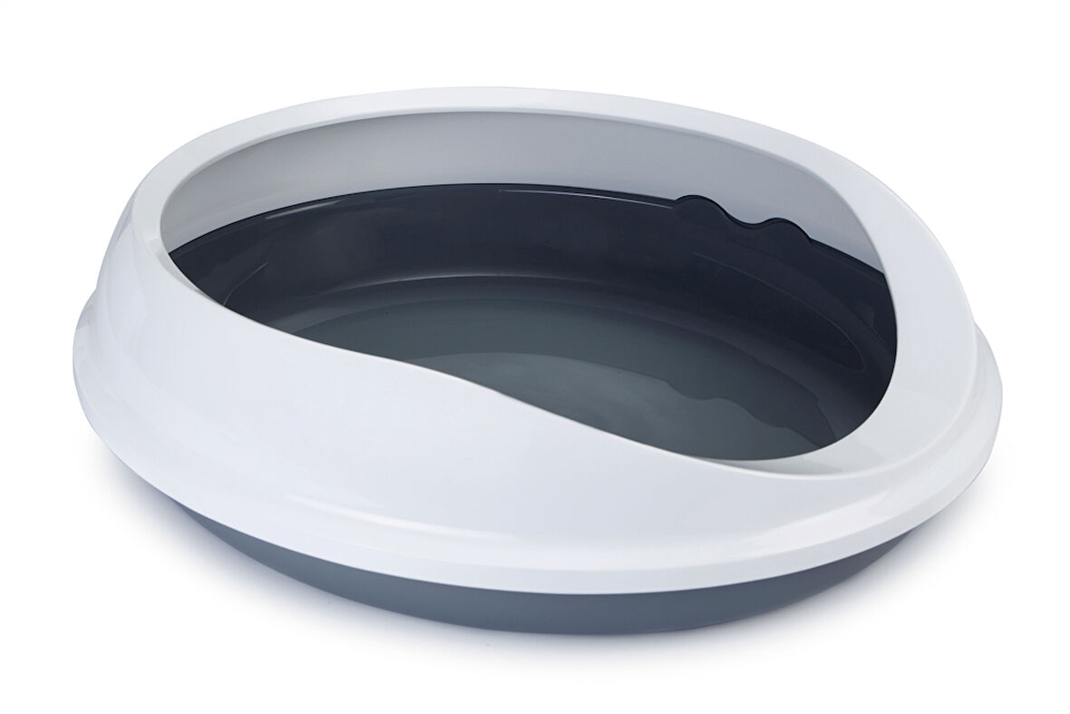 Beeztees Yüksek Kenarlı, Oval Açık Kedi Tuvaleti, Gri Beyaz, 46x55x40cm