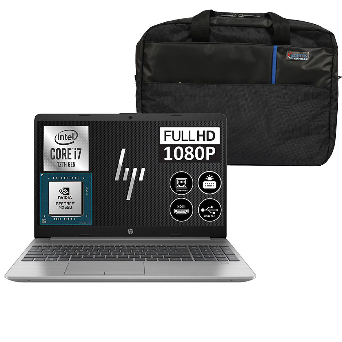 Hp 250 G9 Intel Core I7 1255U 32GB 256GB SSD 15,6" Fhd Freedos MX550-2GB Taşınabilir Bilgisayar 723P5EA09 + Zetta Çanta