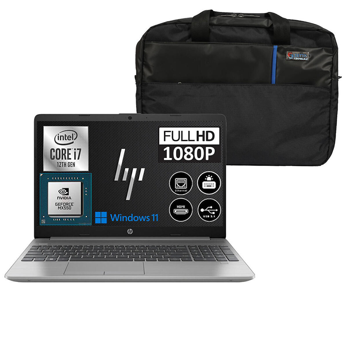 Hp 250 G9 Intel Core I7 1255U 32GB 256GB SSD 15,6" Fhd Windows 11 Pro MX550-2GB Taşınabilir Bilgisayar 723P5EA41 + Zetta Çanta