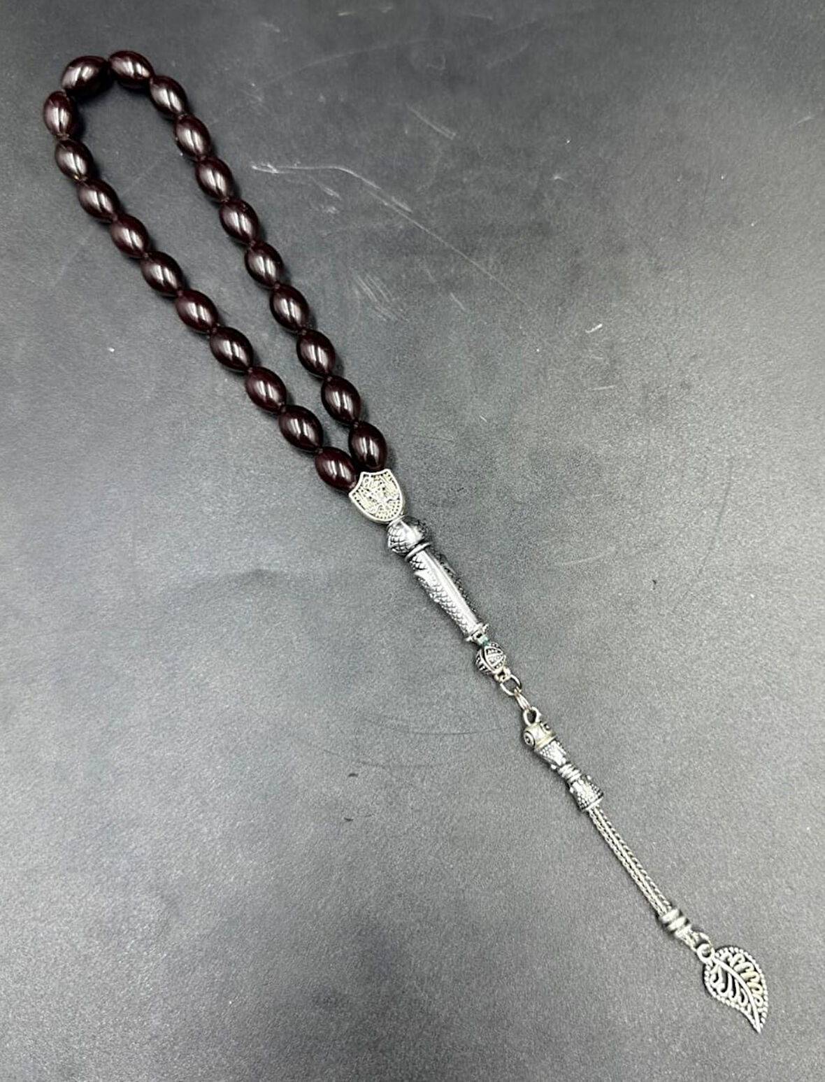 Alpaka Yaprak Püskül  Ateş Kehribar Tespih