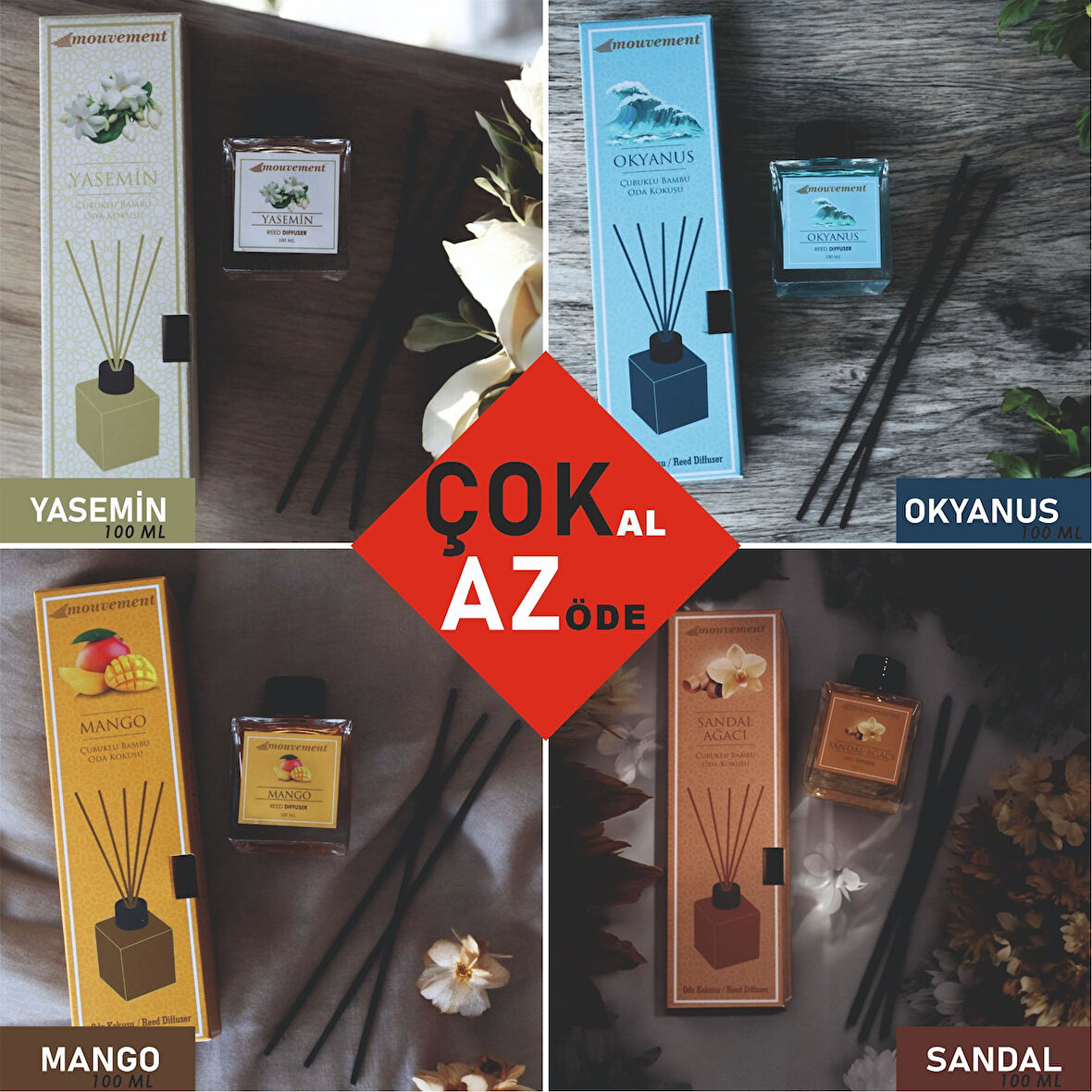 4'Lü Çubuklu 100 ml Oda Kokusu Seti Çok Al Az Öde (Sandal Yasemin Okyanus Mango) Reed Diffuser