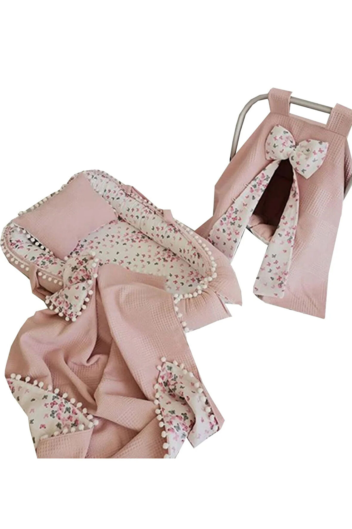 Nest Wafle Kumaş Ponponlu Jaju-babynest Anne Yanı Bebek Yatağı Puset Örtüsü 5 Parça Set