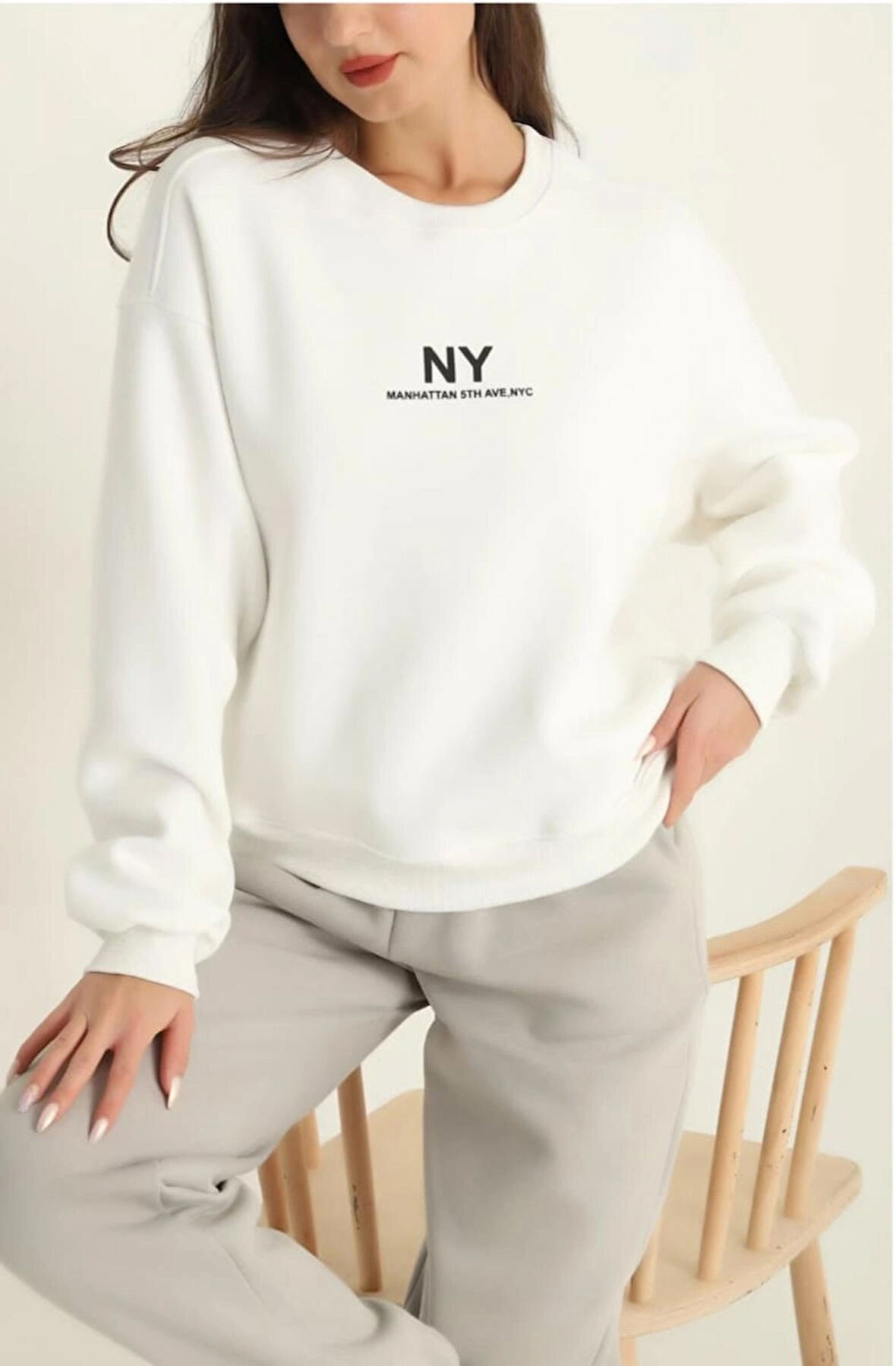 NY Baskılı Şardonlu Üç İp Sweatshirt