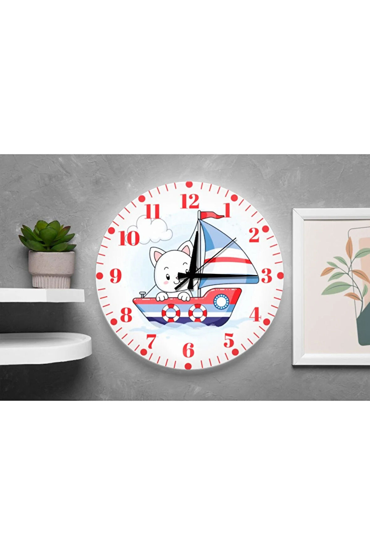 Sevimli Kedi ve Gemi Temalı Sessiz Mekanizma Duvar Saati – Çocuk Odası Dekoratif