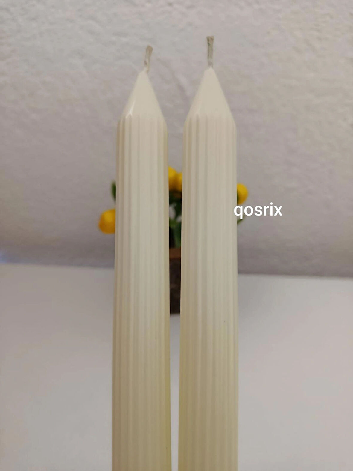qosrix 2'li Açık Krem Şamdan Soya Mumu 1. Kalite Soya Doğal Pudra Kokulu Uzun Çubuk Konik Mum Dekoratif