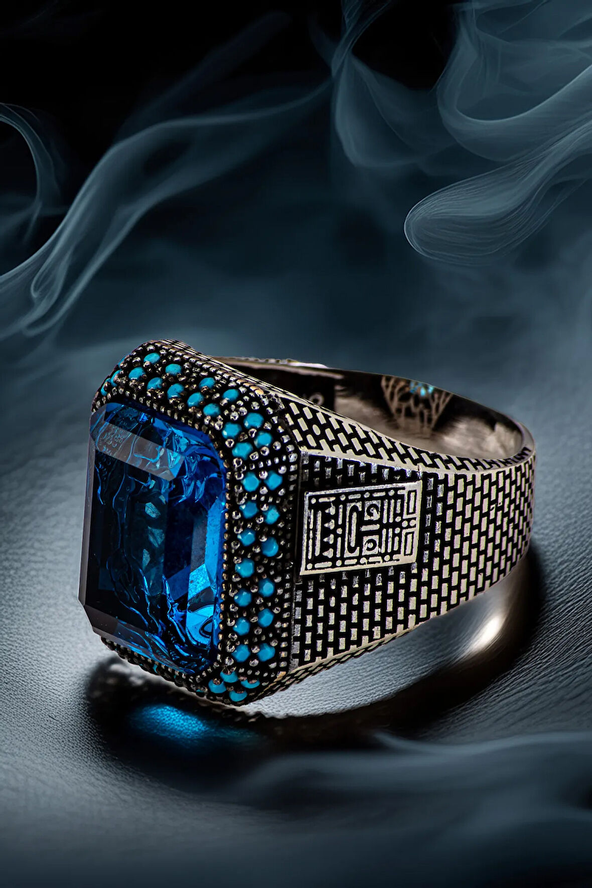 Erkek Mavi Taşlı Yanı Turkuaz Taş Süslemeli 925 Ayar Gümüş Yüzük