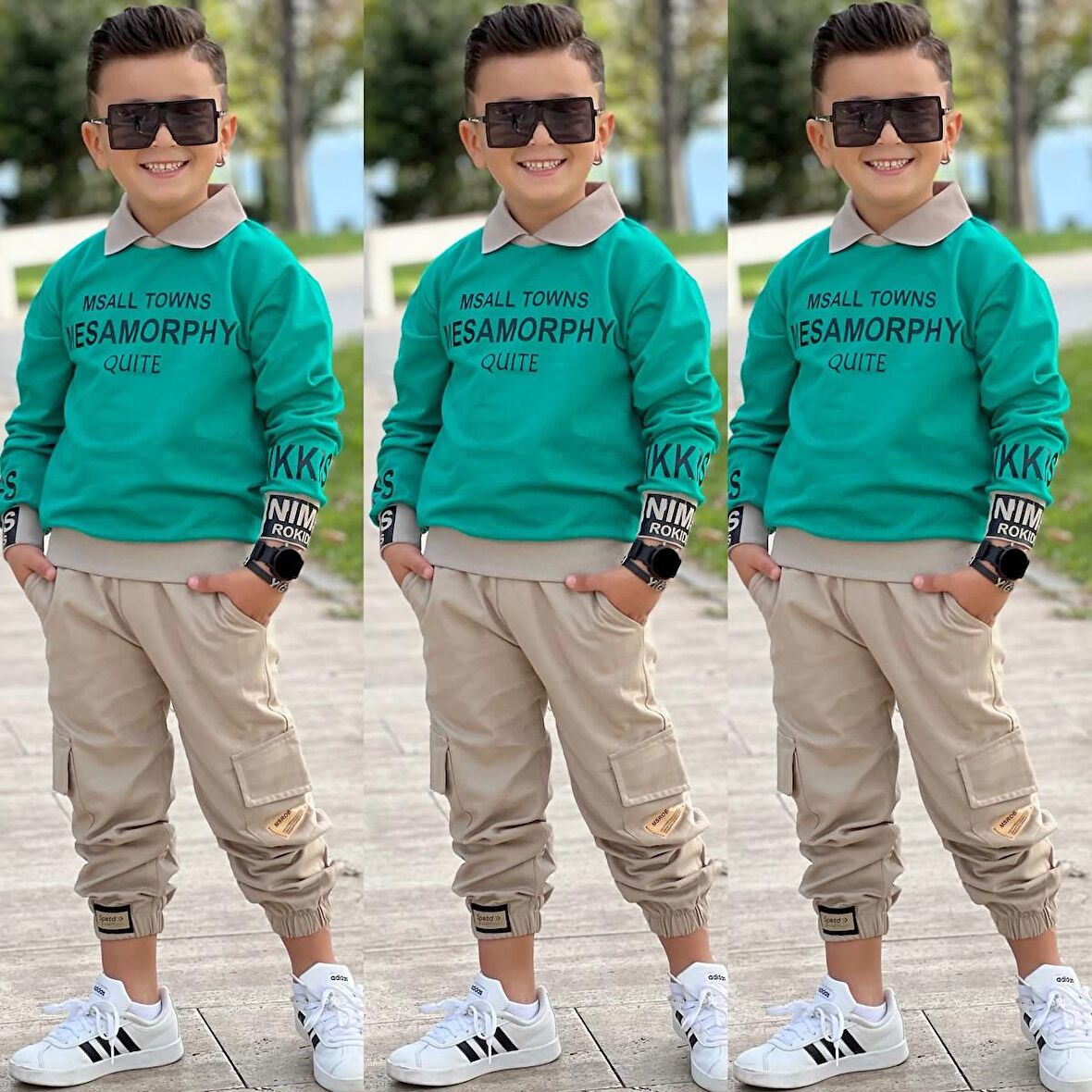 MODAVALS GÖMLEK YAKA SWEATSHIRT VE GABARDİN KARGO PANTOLON ERKEK ÇOCUK KOMBİN