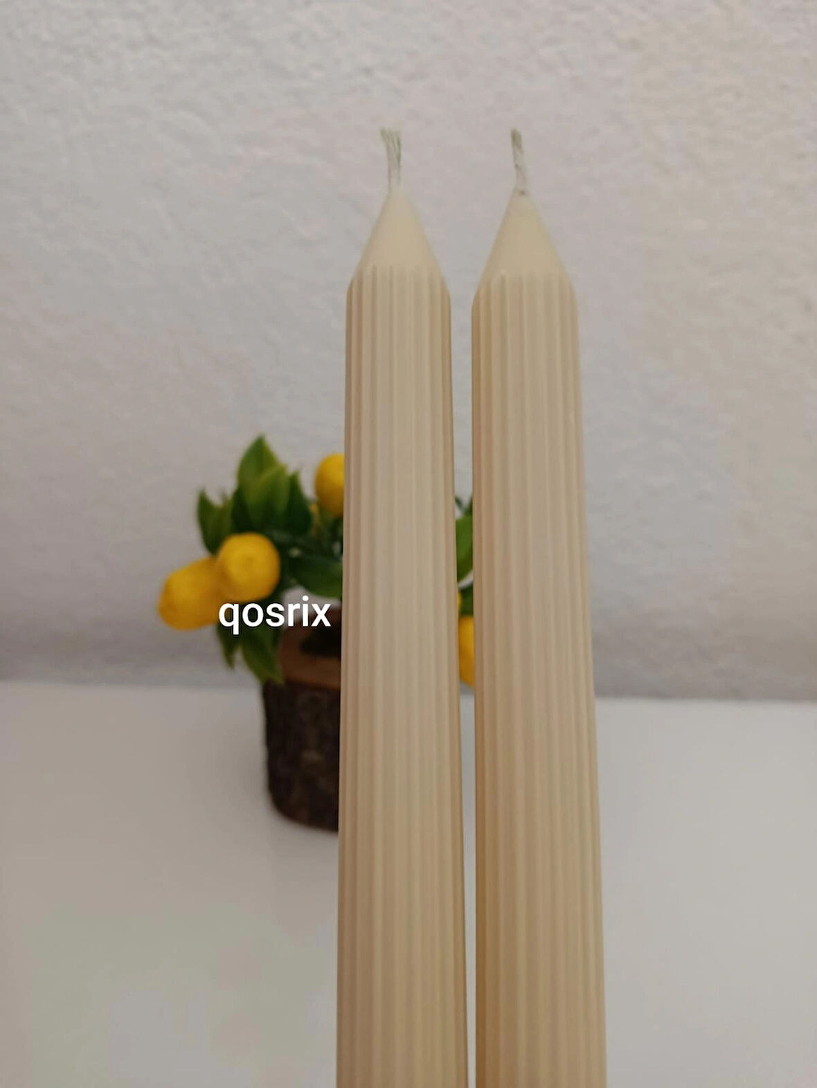 qosrix 2'li Krem Şamdan Soya Mumu 1. Kalite Soya Doğal Pudra Kokulu Uzun Çubuk Konik Mum Dekoratif