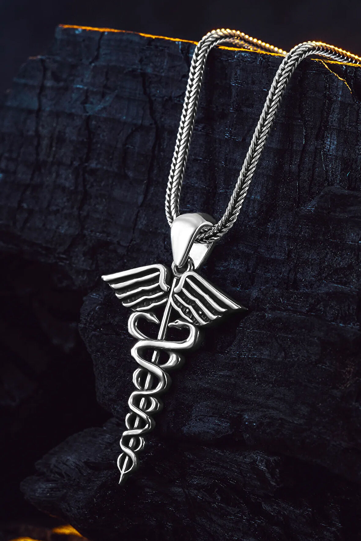 925 Ayar Gümüş Tıp Sembolü Kadüse Kolye Sağlık ve Şifa Temalı Erkek Kolye