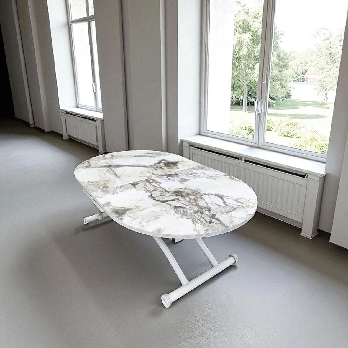 Oval Ortadan Açılır Akıllı Masa Üst Mdf Beyaz Mermer Alt Ayak Beyaz Renk