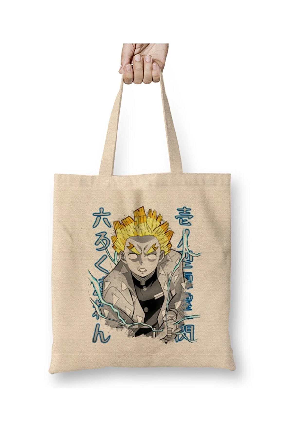Demon Slayer Zenitsu Rokuren Beyaz Bez Çanta Uzun Saplı Alışveriş Çantası Plaj Çantası