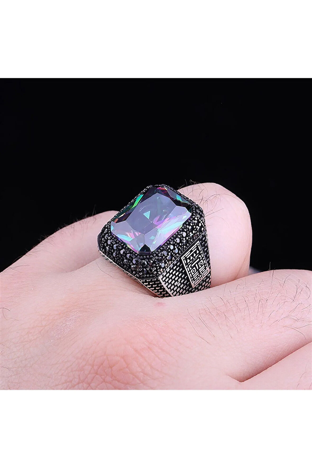 Erkek Gümüş Yüzük - Mistik Topaz Taşlı 925 Ayar Gümüş Erkek Yüzük