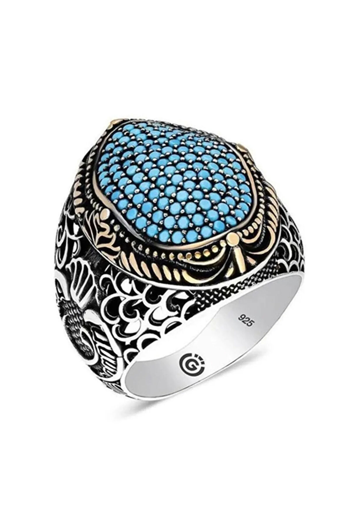 Faraba Turkuaz Zirkon Taşlı Yanı Vav Özel Seri Erkek Gümüş Yüzük