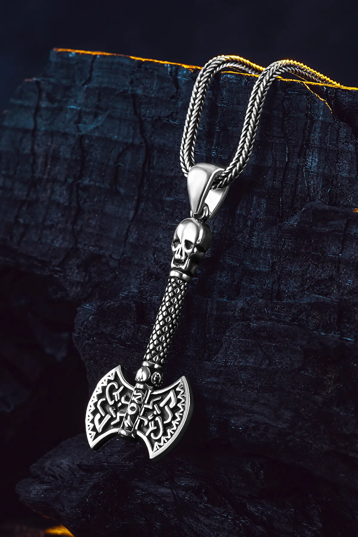 Viking Çift Başlı Savaş Baltası Erkek Gümüş Kolye 925 Ayar Mat Siyah