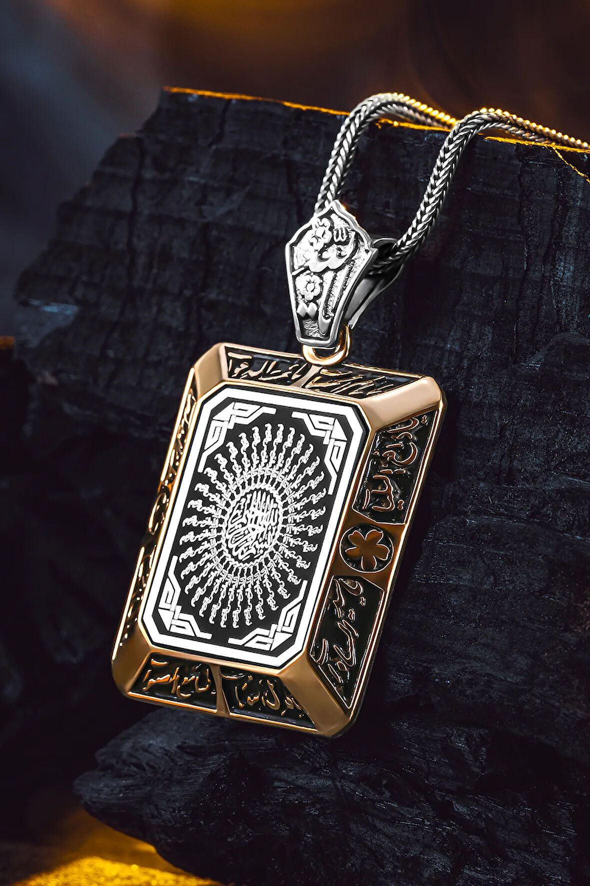 925 Ayar Gümüş Kare 35 Besmele Duası İşlemeli Kolye Tilki Kuyruğu Zincirli Model